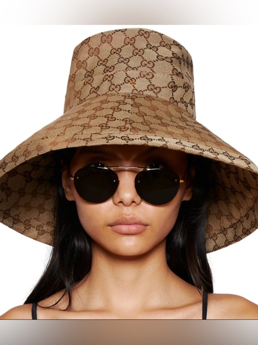 Monogram Jacquard Bucket Hat Beige Canvas Tan Large Wide Brim Golden Summer New - Picture 5 of 16